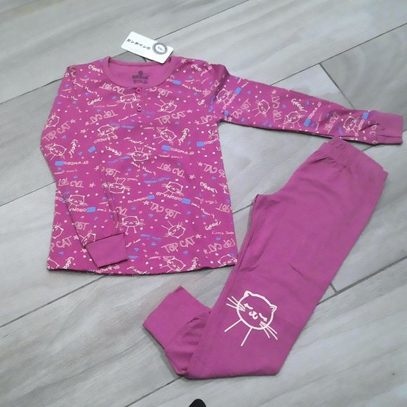 Girls Cat Kitty Long Sleeve Pajama Pants Set - Picture 1 of 3